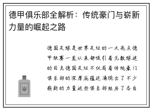 德甲俱乐部全解析：传统豪门与崭新力量的崛起之路